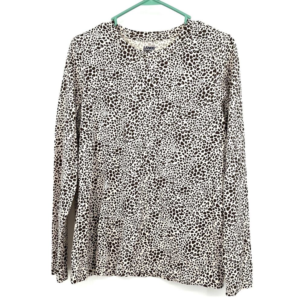 Lands End Size XS Shirt Brown Animal Print‎ Long Sleeve Crew Neck Tee Casual